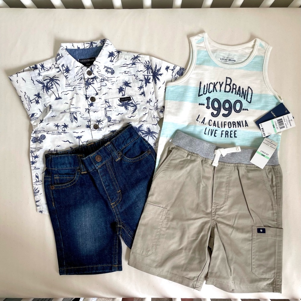 Lucky Brand Boys Sets, Button Down w/ Jean Shorts & Tank Top w/ Swim Shorts, 18M